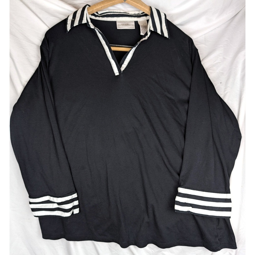 Draper's & Damon's XL Black V-Neck 3/4 Sleeve Collared Striped Trim Collared